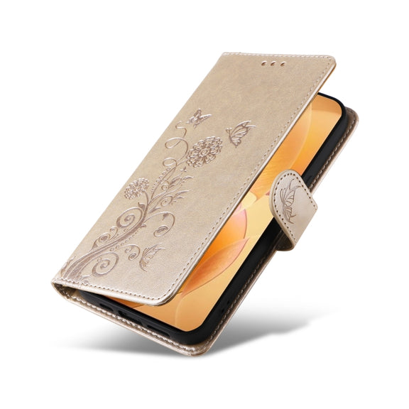 For Redmi K70 / K70 Pro Embossed Butterfly Flowers Leather Phone Case(Gold)