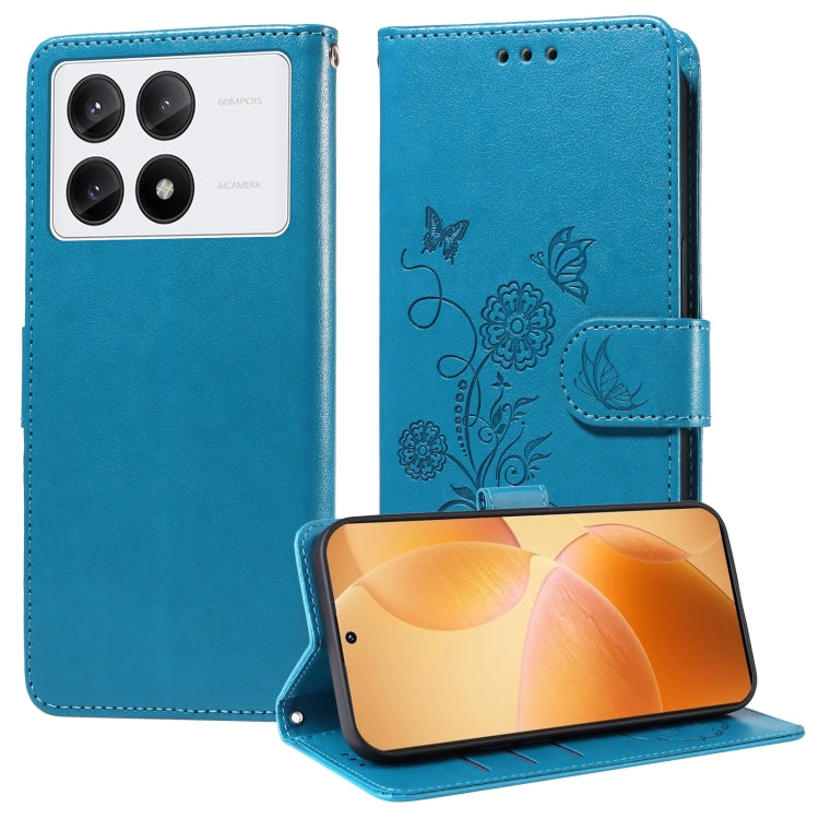 For Redmi K70 / K70 Pro Embossed Butterfly Flowers Leather Phone Case(Blue)
