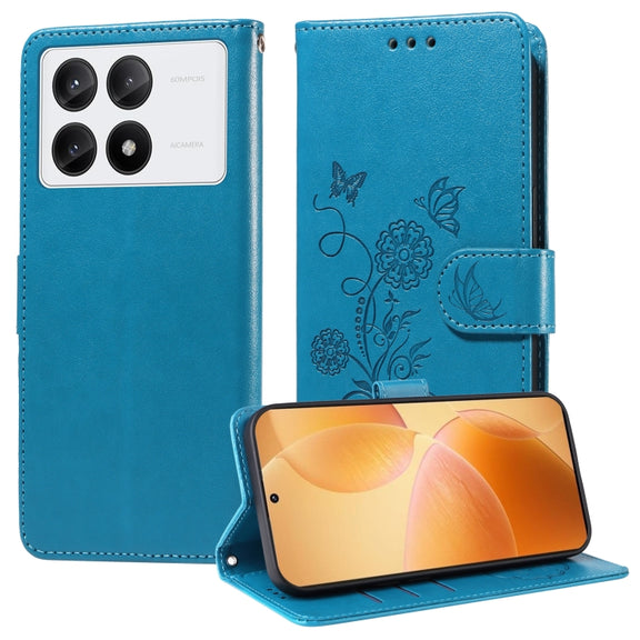 For Redmi K70 / K70 Pro Embossed Butterfly Flowers Leather Phone Case(Blue)
