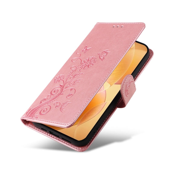 For Redmi K70 / K70 Pro Embossed Butterfly Flowers Leather Phone Case(Rose Gold)