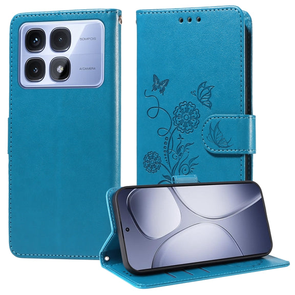 For Redmi K70 Ultra Embossed Butterfly Flowers Leather Phone Case(Blue)