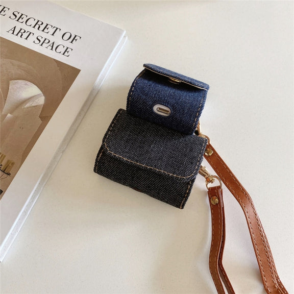 For AirPods 1 / 2 Cowboy Fabric Texture PU Headset Protective Bag(Dark Blue)