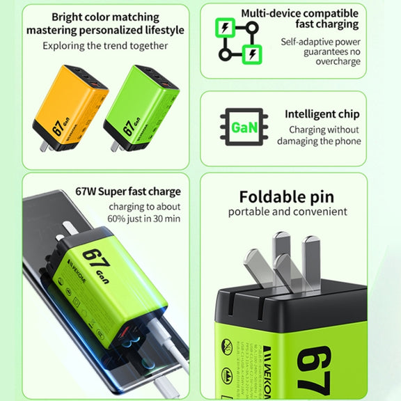 WK WP-U157 67W USB-C / Type-Cx2, USB GaN Fast Charger, Plug Type:UK Plug(Yellow)