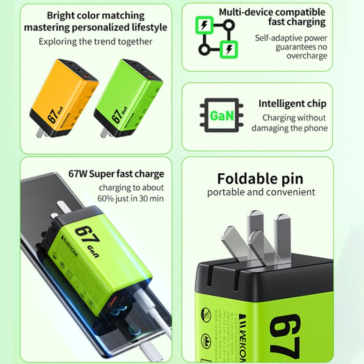 WK WP-U157 67W USB-C / Type-Cx2, USB GaN Fast Charger, Plug Type:EU Plug(Yellow)