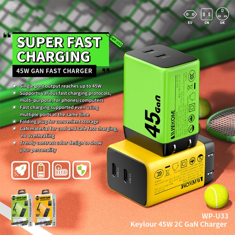 WK WP-U33 45W USB-C / Type-Cx2 GaN Fast Charger, Plug Type:EU Plug(Yellow)