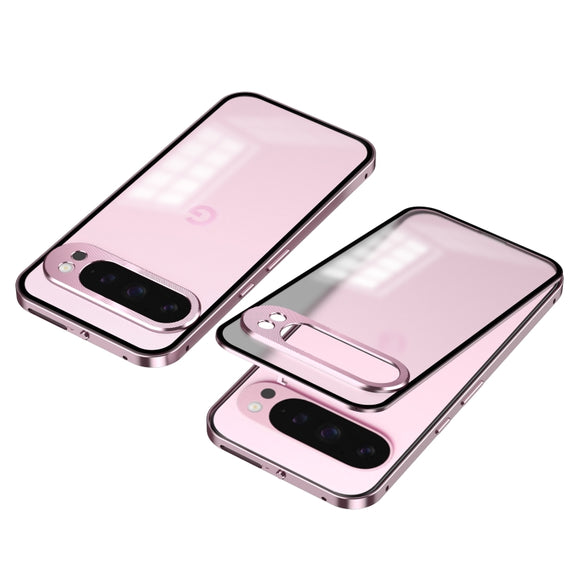 For Google Pixel 9 Pro XL Snap Buckle Metal Frame Frosted Phone Case(Pink)