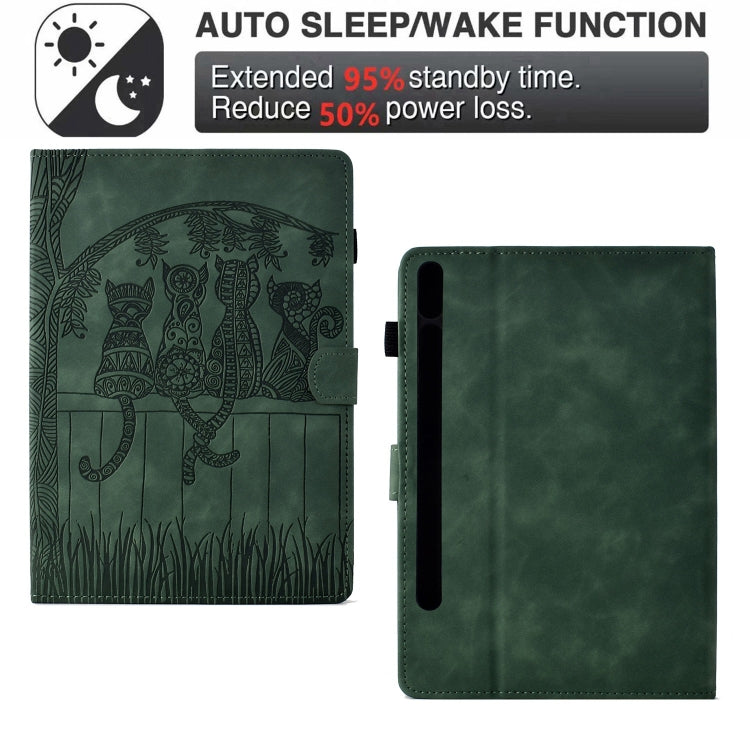 For Samsung Galaxy Tab S9 / S9 FE Cats Embossed Leather Smart Tablet Case(Green)