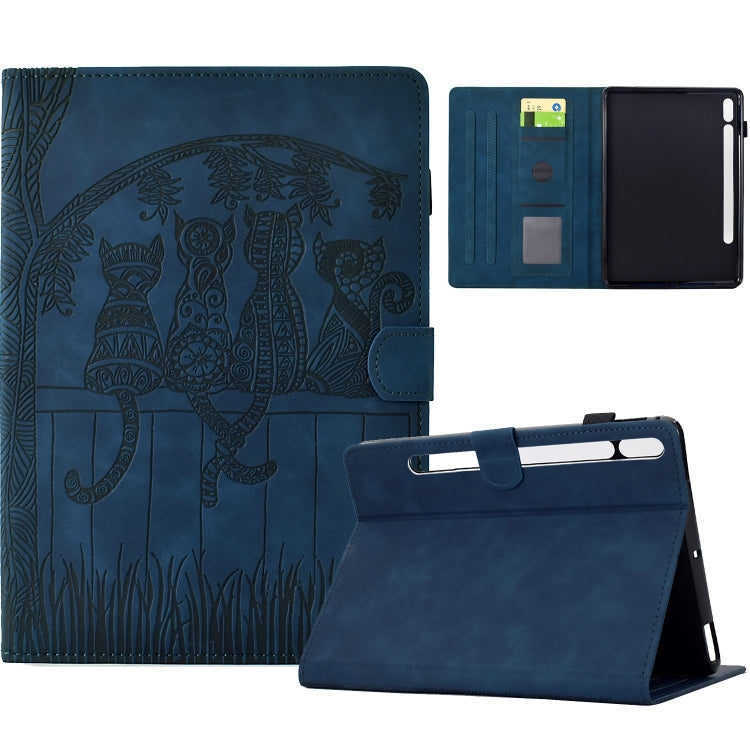 For Samsung Galaxy Tab S9 / S9 FE Cats Embossed Leather Smart Tablet Case(Dark Blue)