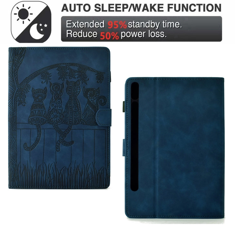 For Samsung Galaxy Tab S9 / S9 FE Cats Embossed Leather Smart Tablet Case(Dark Blue)