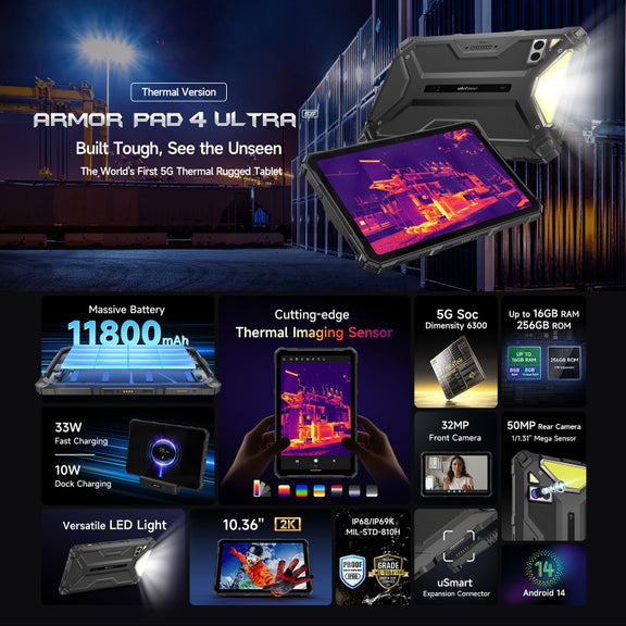 Ulefone Armor Pad 4 Ultra Thermal Version Rugged Tablet, 8GB+256GB, 10.36 inch Android 14 MediaTek Dimensity 6300 Octa Core 5G Network, EU Plug(Black)