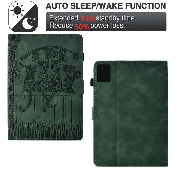 For Lenovo Tab M11 / Xiaoxin Pad 2024 Cats Embossed Leather Smart Tablet Case(Green)