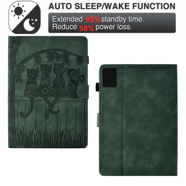 For Lenovo Tab M11 / Xiaoxin Pad 2024 Cats Embossed Leather Smart Tablet Case(Green)