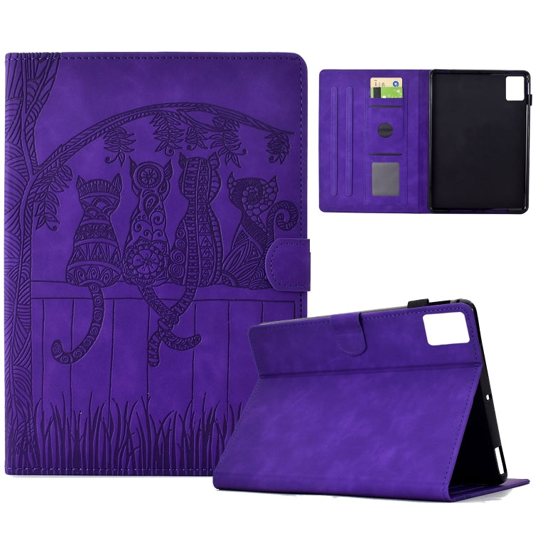 For Lenovo Tab M11 / Xiaoxin Pad 2024 Cats Embossed Leather Smart Tablet Case(Purple)