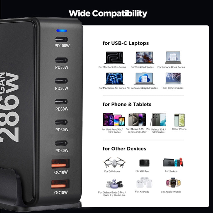 YMX-986 286W 6 Type-C, 2 USB 8-Ports Desktop Fast Charger, Plug Type:UK Plug(Black)