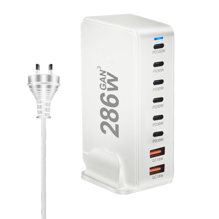 YMX-986 286W 6 Type-C, 2 USB 8-Ports Desktop Fast Charger, Plug Type:AU Plug(White)