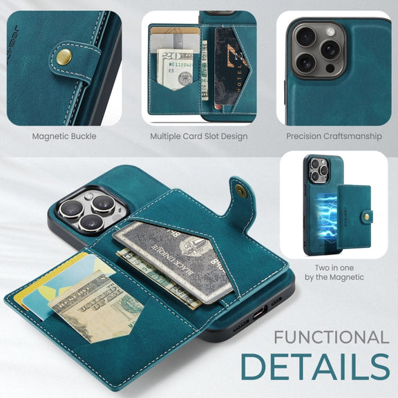 For iPhone 16 Pro Max JEEHOOD J01 Retro Magnetic Detachable Wallet Phone Case(Blue)
