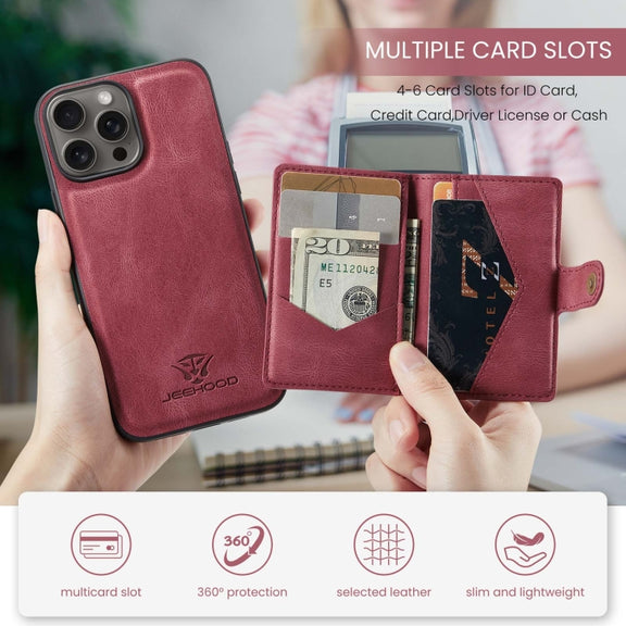 For iPhone 16 Pro Max JEEHOOD J01 Retro Magnetic Detachable Wallet Phone Case(Red)