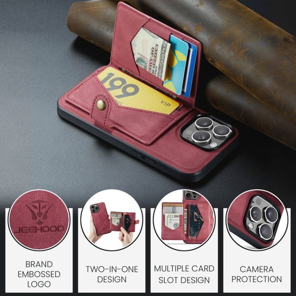 For iPhone 16 Pro Max JEEHOOD J01 Retro Magnetic Detachable Wallet Phone Case(Red)