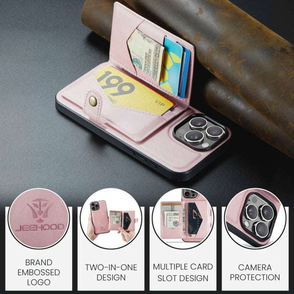 For iPhone 16 Pro Max JEEHOOD J01 Retro Magnetic Detachable Wallet Phone Case(Pink)