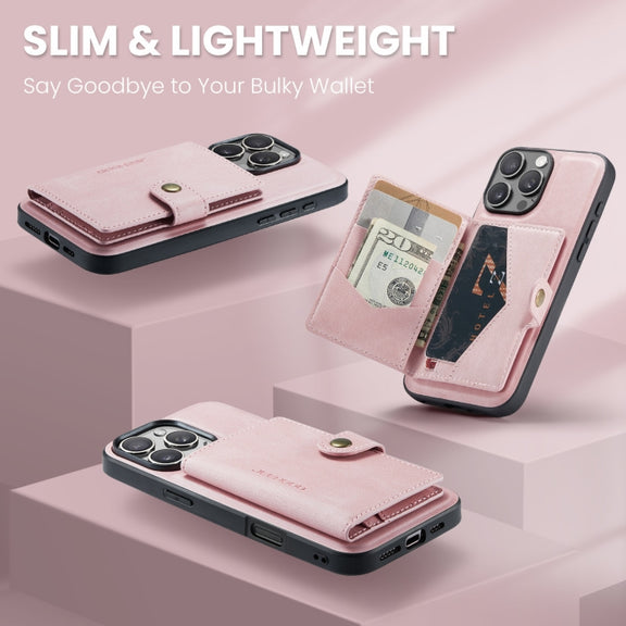 For iPhone 16 Pro Max JEEHOOD J01 Retro Magnetic Detachable Wallet Phone Case(Pink)