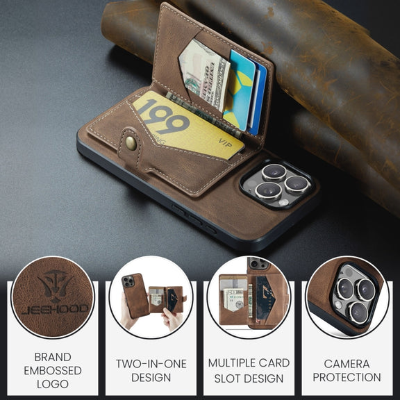 For iPhone 16 Pro JEEHOOD J01 Retro Magnetic Detachable Wallet Phone Case(Brown)
