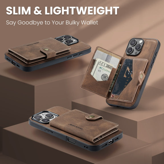 For iPhone 16 Pro JEEHOOD J01 Retro Magnetic Detachable Wallet Phone Case(Brown)