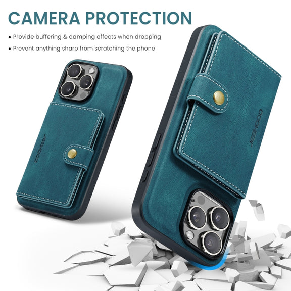 For iPhone 16 Pro JEEHOOD J01 Retro Magnetic Detachable Wallet Phone Case(Blue)