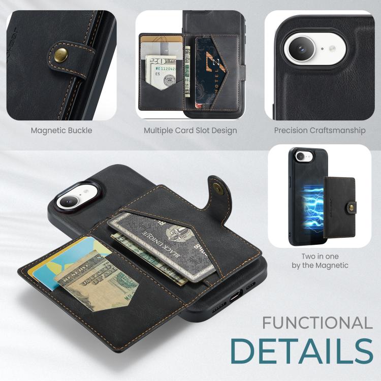 For iPhone 16e JEEHOOD J01 Retro Magnetic Detachable Wallet Phone Case(Black)