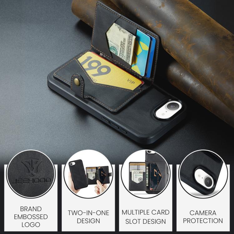 For iPhone 16e JEEHOOD J01 Retro Magnetic Detachable Wallet Phone Case(Black)