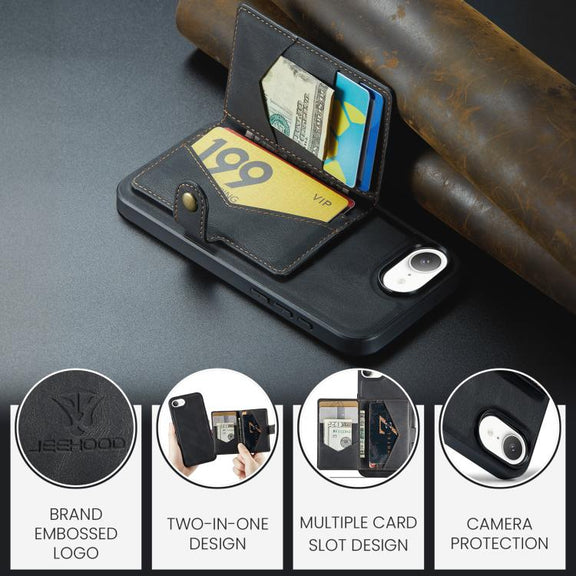 For iPhone 16e JEEHOOD J01 Retro Magnetic Detachable Wallet Phone Case(Black)