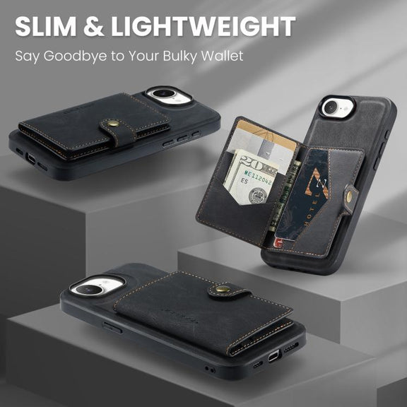 For iPhone 16e JEEHOOD J01 Retro Magnetic Detachable Wallet Phone Case(Black)