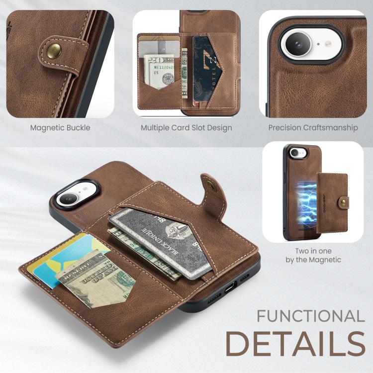For iPhone 16e JEEHOOD J01 Retro Magnetic Detachable Wallet Phone Case(Brown)