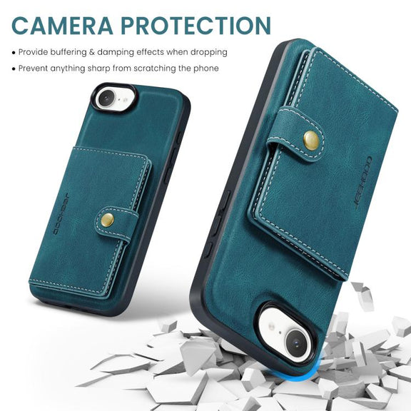 For iPhone 16e JEEHOOD J01 Retro Magnetic Detachable Wallet Phone Case(Blue)