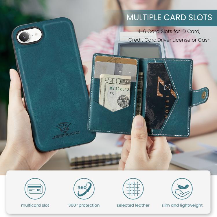 For iPhone 16e JEEHOOD J01 Retro Magnetic Detachable Wallet Phone Case(Blue)