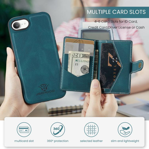For iPhone 16e JEEHOOD J01 Retro Magnetic Detachable Wallet Phone Case(Blue)