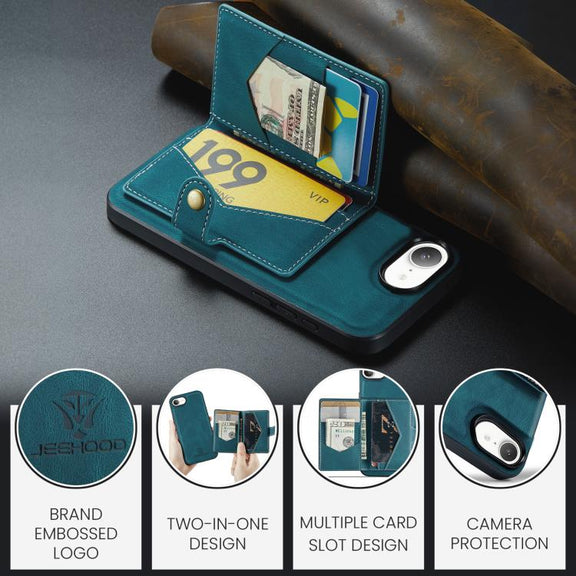 For iPhone 16e JEEHOOD J01 Retro Magnetic Detachable Wallet Phone Case(Blue)