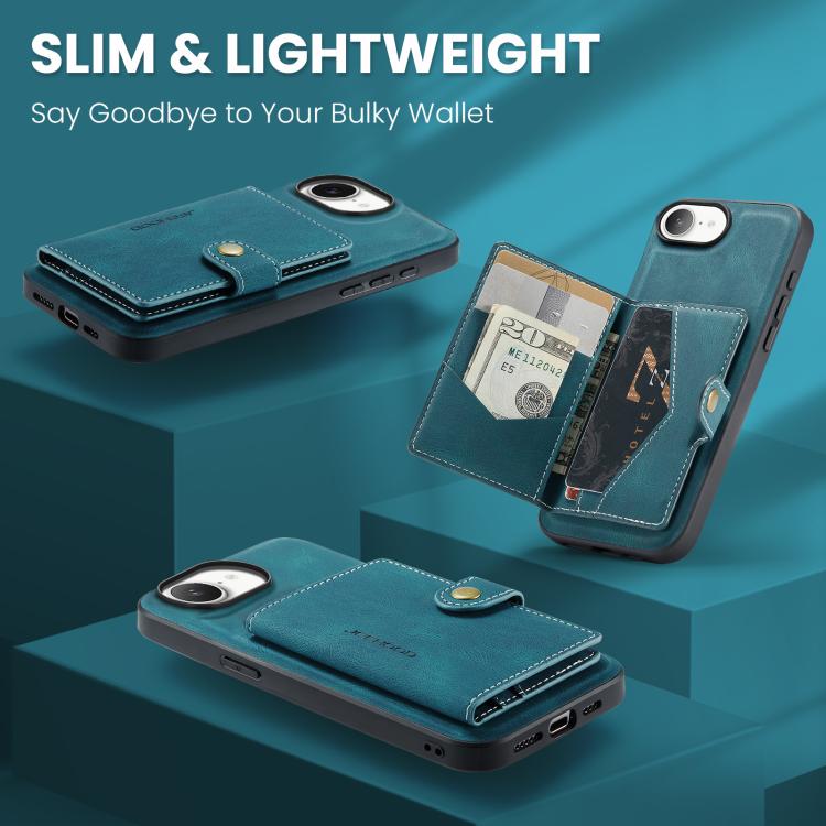 For iPhone 16e JEEHOOD J01 Retro Magnetic Detachable Wallet Phone Case(Blue)