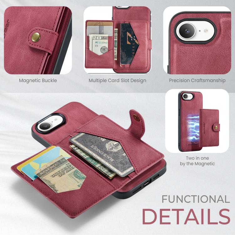 For iPhone 16e JEEHOOD J01 Retro Magnetic Detachable Wallet Phone Case(Red)