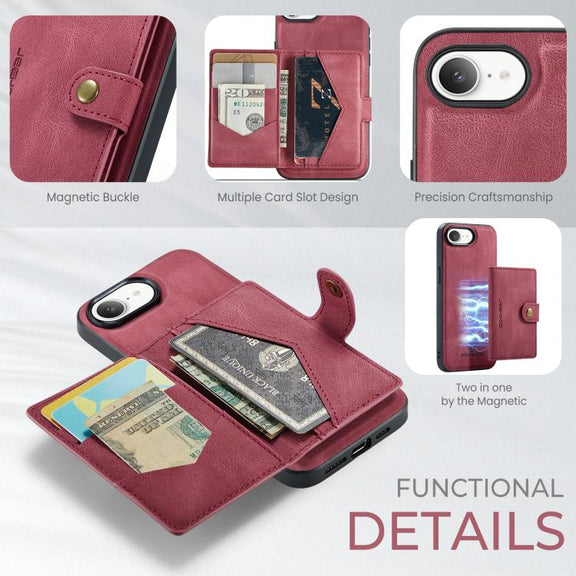 For iPhone 16e JEEHOOD J01 Retro Magnetic Detachable Wallet Phone Case(Red)