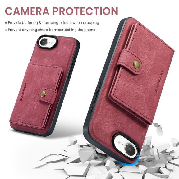 For iPhone 16e JEEHOOD J01 Retro Magnetic Detachable Wallet Phone Case(Red)