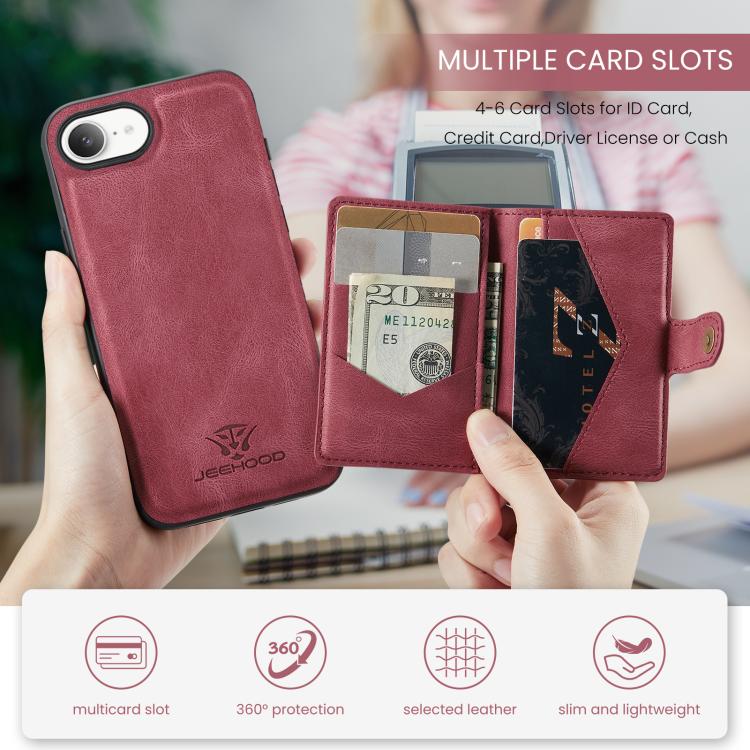 For iPhone 16e JEEHOOD J01 Retro Magnetic Detachable Wallet Phone Case(Red)