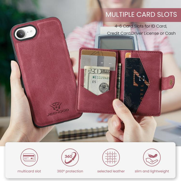 For iPhone 16e JEEHOOD J01 Retro Magnetic Detachable Wallet Phone Case(Red)