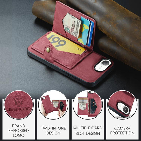 For iPhone 16e JEEHOOD J01 Retro Magnetic Detachable Wallet Phone Case(Red)