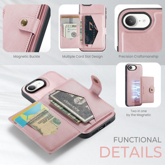 For iPhone 16e JEEHOOD J01 Retro Magnetic Detachable Wallet Phone Case(Pink)