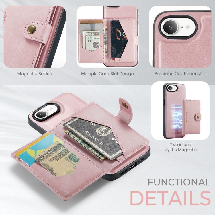 For iPhone 16e JEEHOOD J01 Retro Magnetic Detachable Wallet Phone Case(Pink)