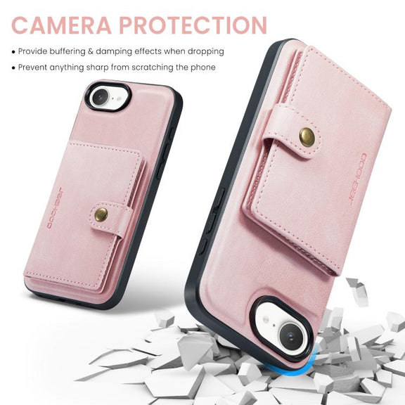 For iPhone 16e JEEHOOD J01 Retro Magnetic Detachable Wallet Phone Case(Pink)
