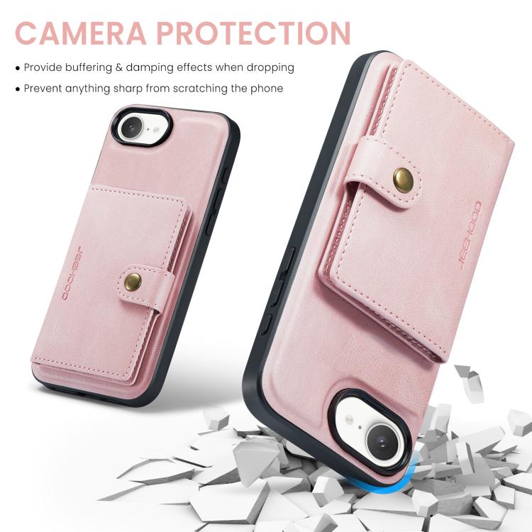 For iPhone 16e JEEHOOD J01 Retro Magnetic Detachable Wallet Phone Case(Pink)