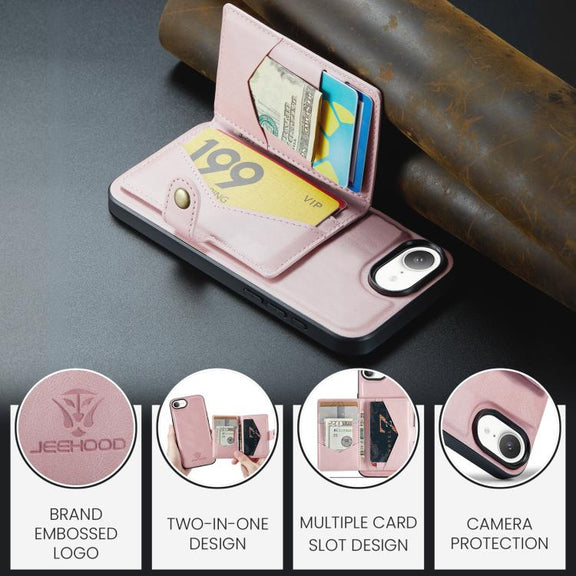 For iPhone 16e JEEHOOD J01 Retro Magnetic Detachable Wallet Phone Case(Pink)