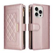 For iPhone 16 Pro Max Crossbody Zipper Wallet Rhombus Leather Phone Case(Rose Gold)
