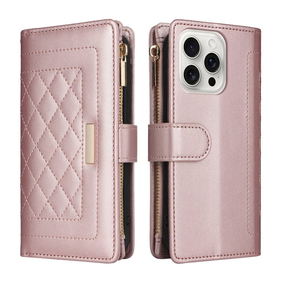 For iPhone 16 Pro Max Crossbody Zipper Wallet Rhombus Leather Phone Case(Rose Gold)